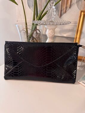 Black Faux Snakeskin Envelope Clutch - Women’s Bag